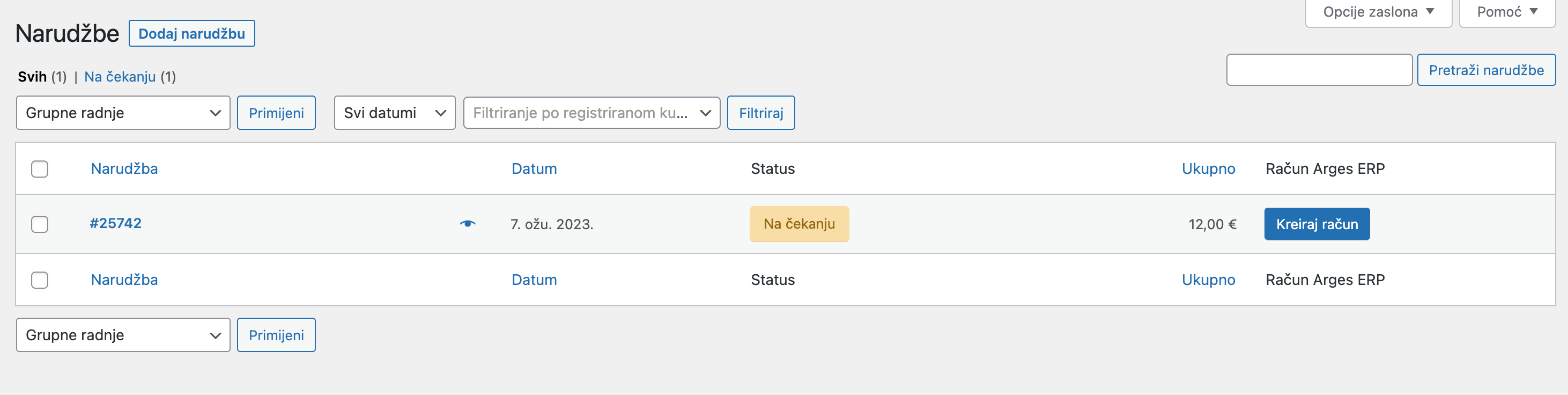 Popis svih narudžbi - Arges ERP Wordpress plugin