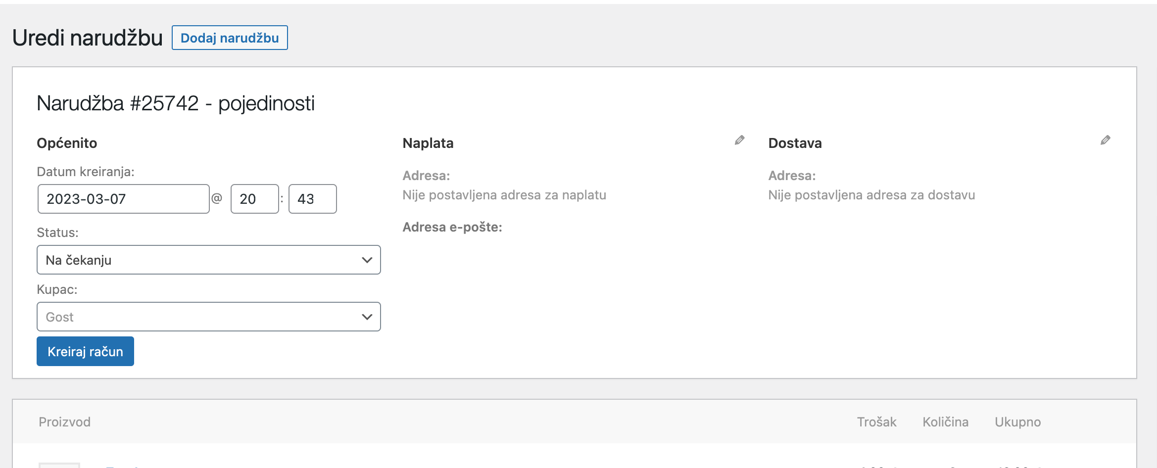 Detalji narudžbe - Arges ERP Wordpress plugin