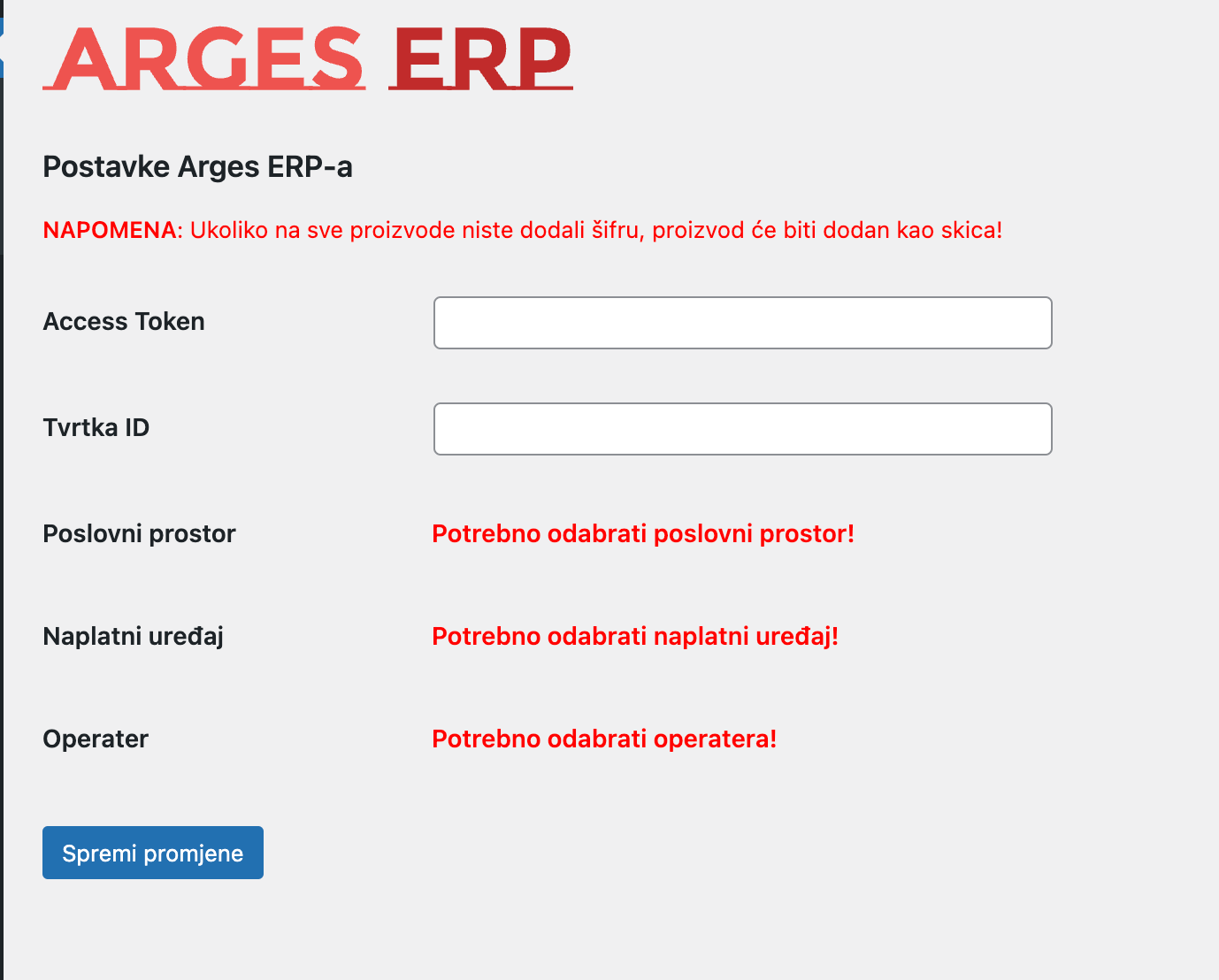 Postavke Arges ERP plugina - Arges ERP Wordpress plugin