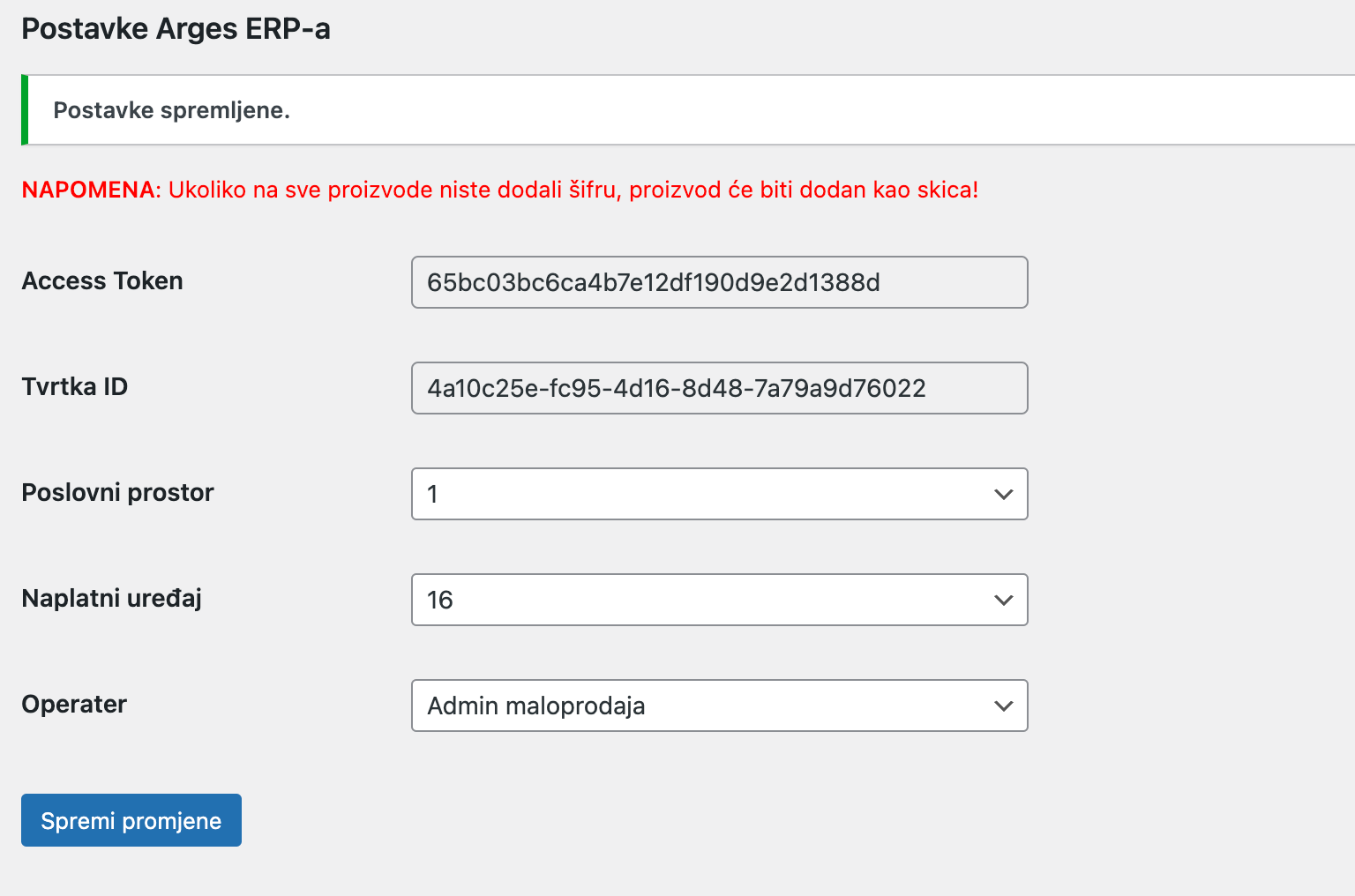 Završeno spremanje postavki - Arges ERP Wordpress plugin