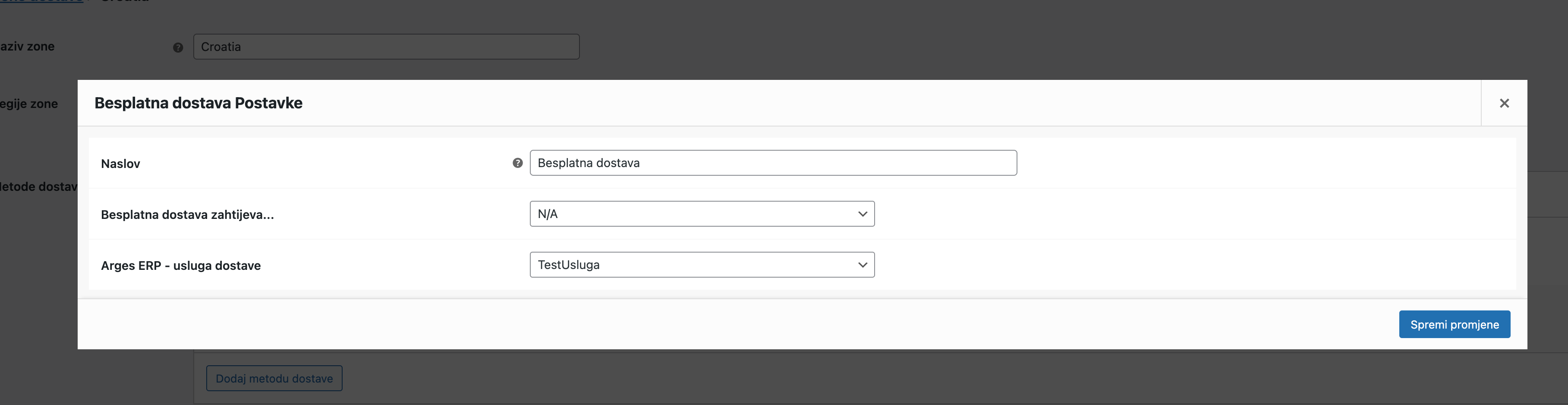 Postavke metode dostave - Arges ERP Wordpress plugin