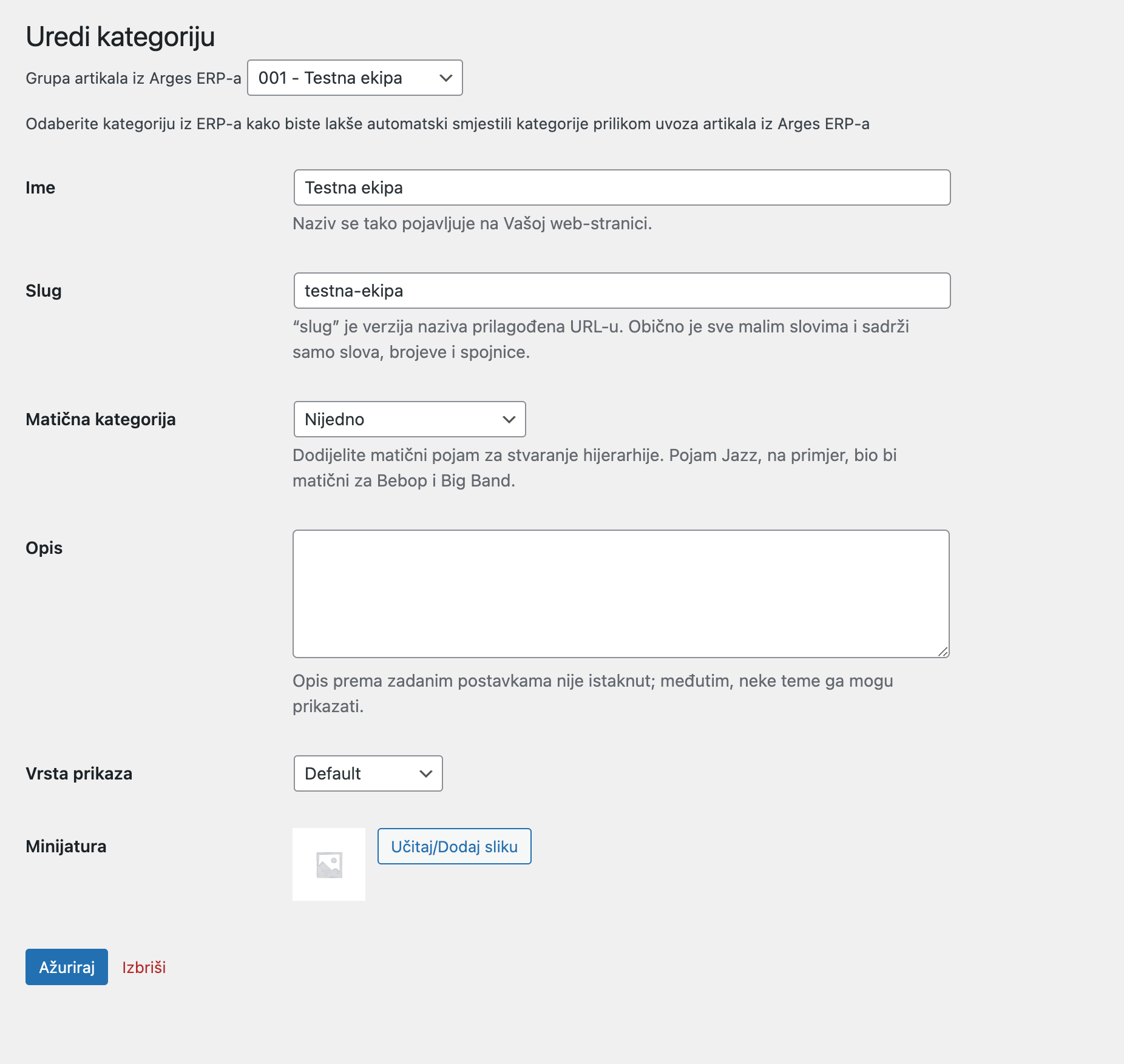 Uređivanje kategorije u WooCommerce-u - Arges ERP Wordpress plugin