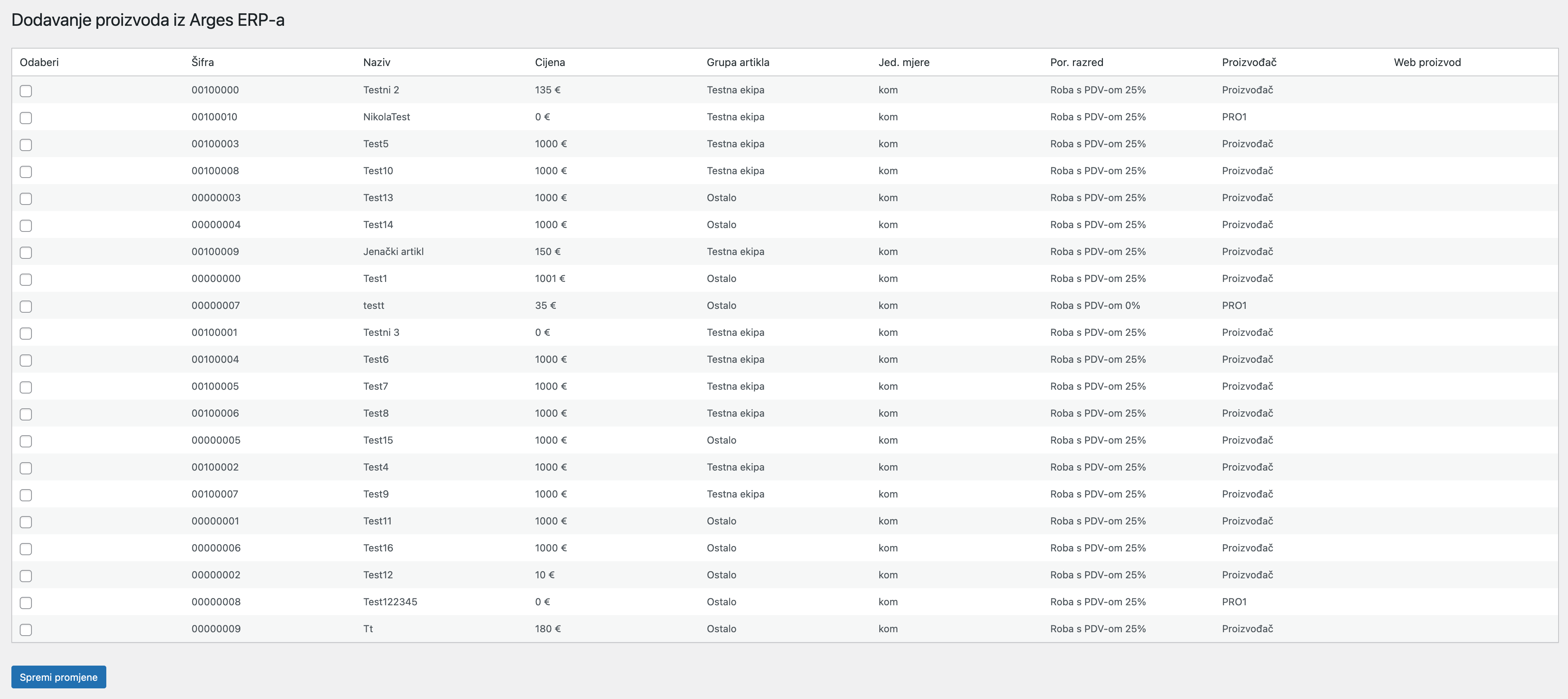 Lista svih artikala iz Arges ERP-a - Arges ERP Wordpress plugin