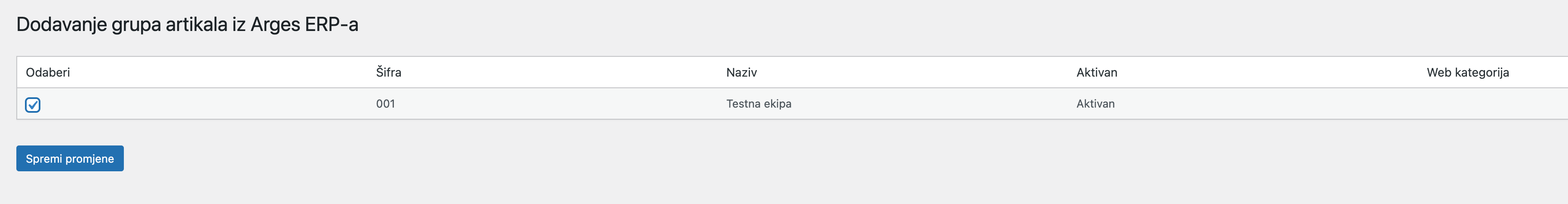 Lista grupa artikala iz Arges ERP-a - Arges ERP Wordpress plugin