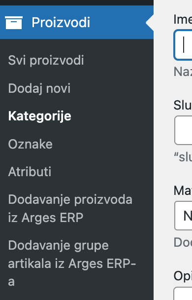 Odabir opcije kategorije - Arges ERP Wordpress plugin