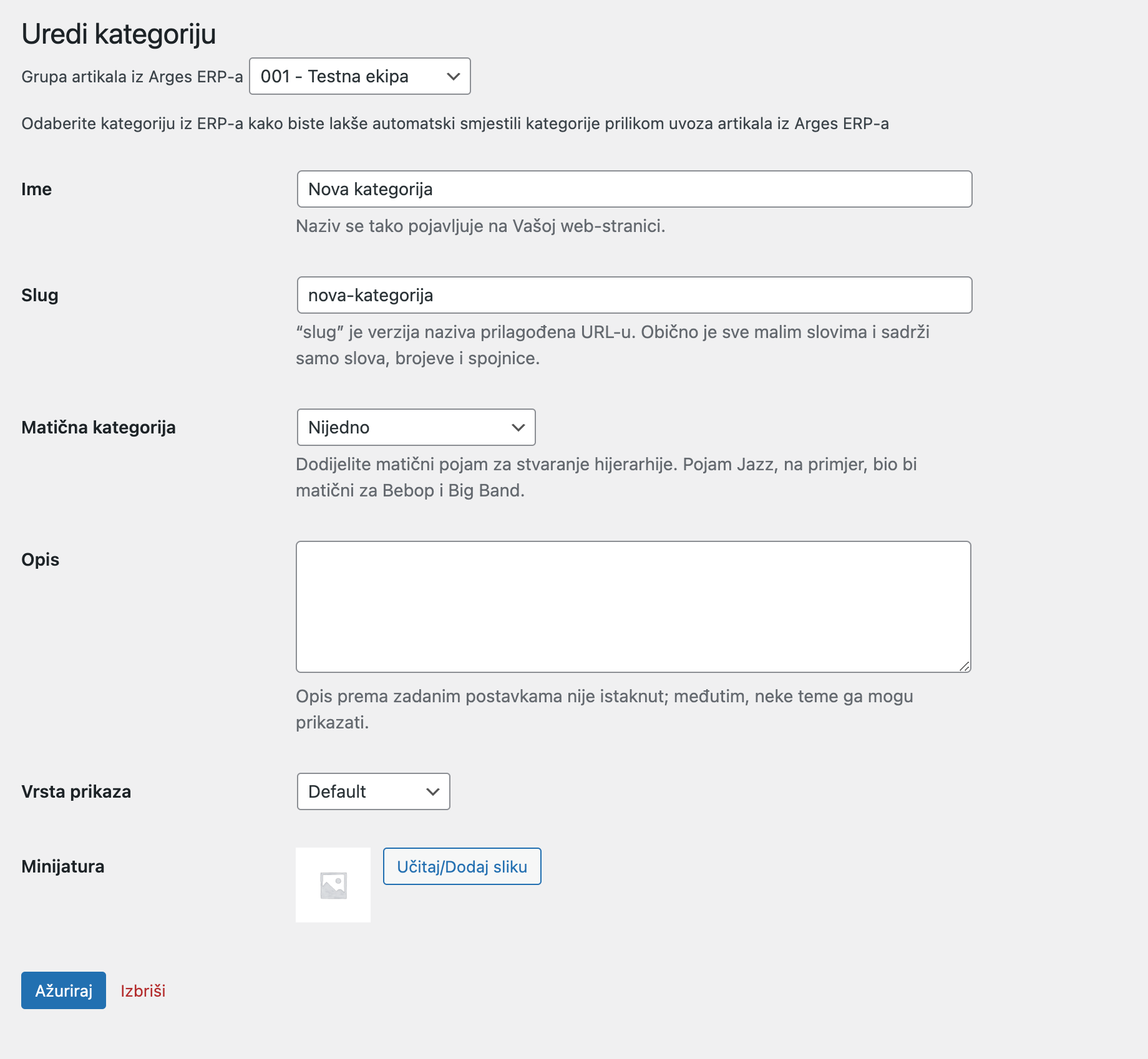 Ekran za uređivanje kategorije - Arges ERP Wordpress plugin