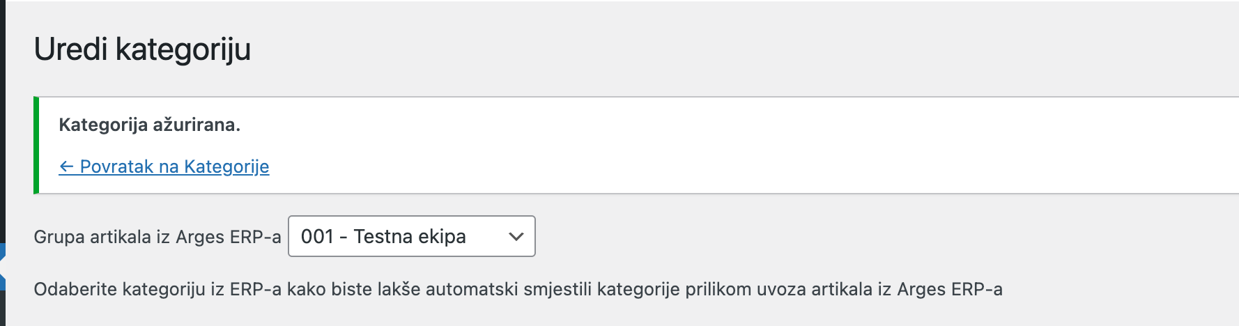 Poruka o uspješnom ažuriranju kategorije - Arges ERP Wordpress plugin