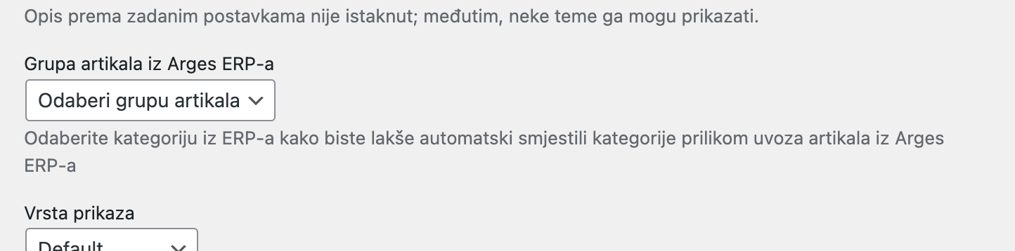 Odabir grupe artikala iz Arges ERP-a - Arges ERP Wordpress plugin