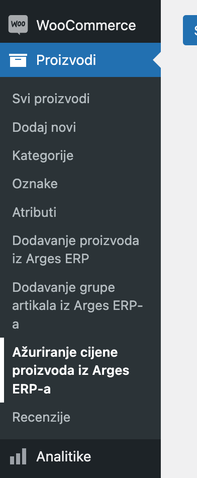 Odabir opcije ažuriranja cijene proizvoda iz Arges ERP-a - Arges ERP Wordpress plugin