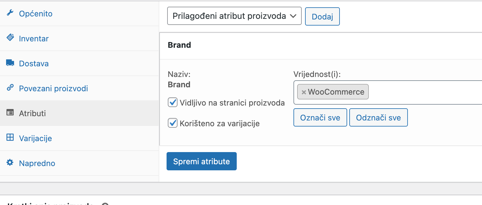 Označena opcija: Korišteno za varijacije - Arges ERP Wordpress plugin