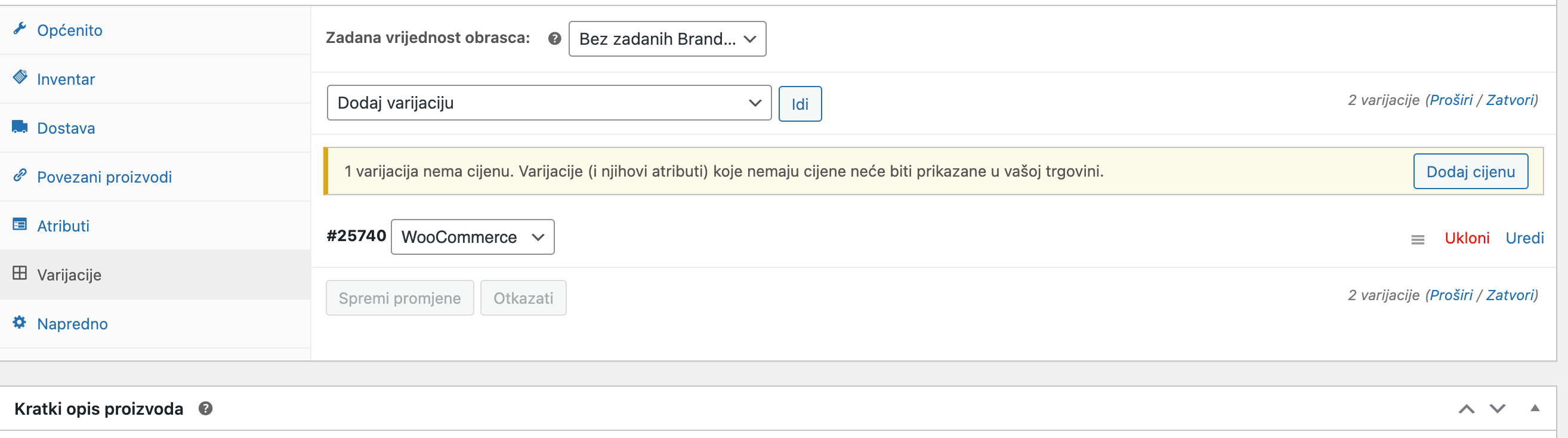 Lista kreiranih varijacija - Arges ERP Wordpress plugin