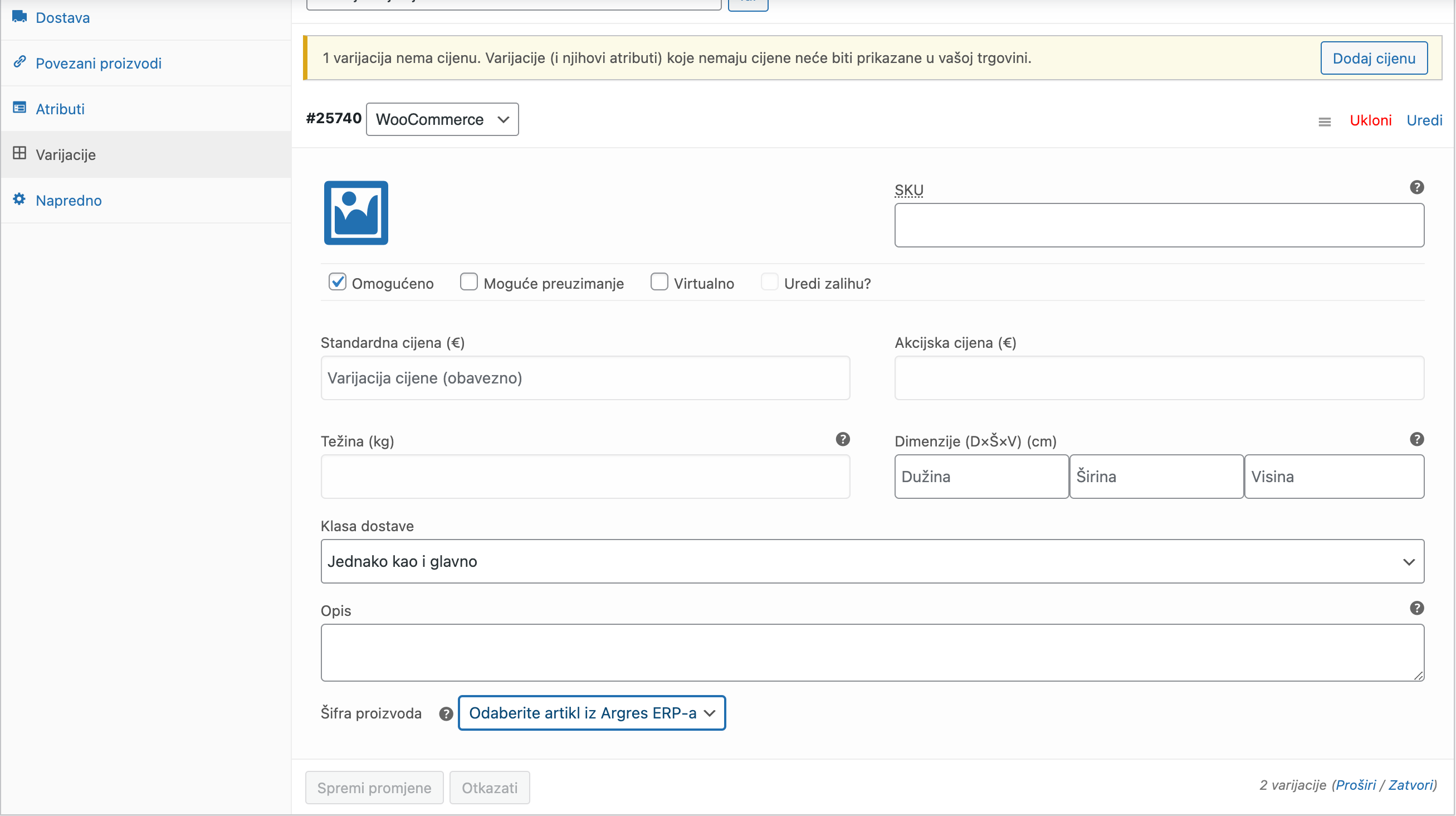 Opcije varijacije - Arges ERP Wordpress plugin
