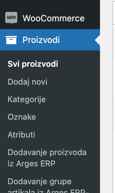 Odabir opcije svi proizvodi - Arges ERP Wordpress plugin