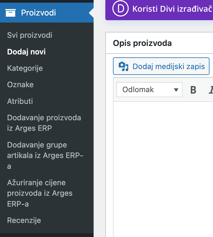 Dodavanje novog proizvoda - Arges ERP Wordpress plugin