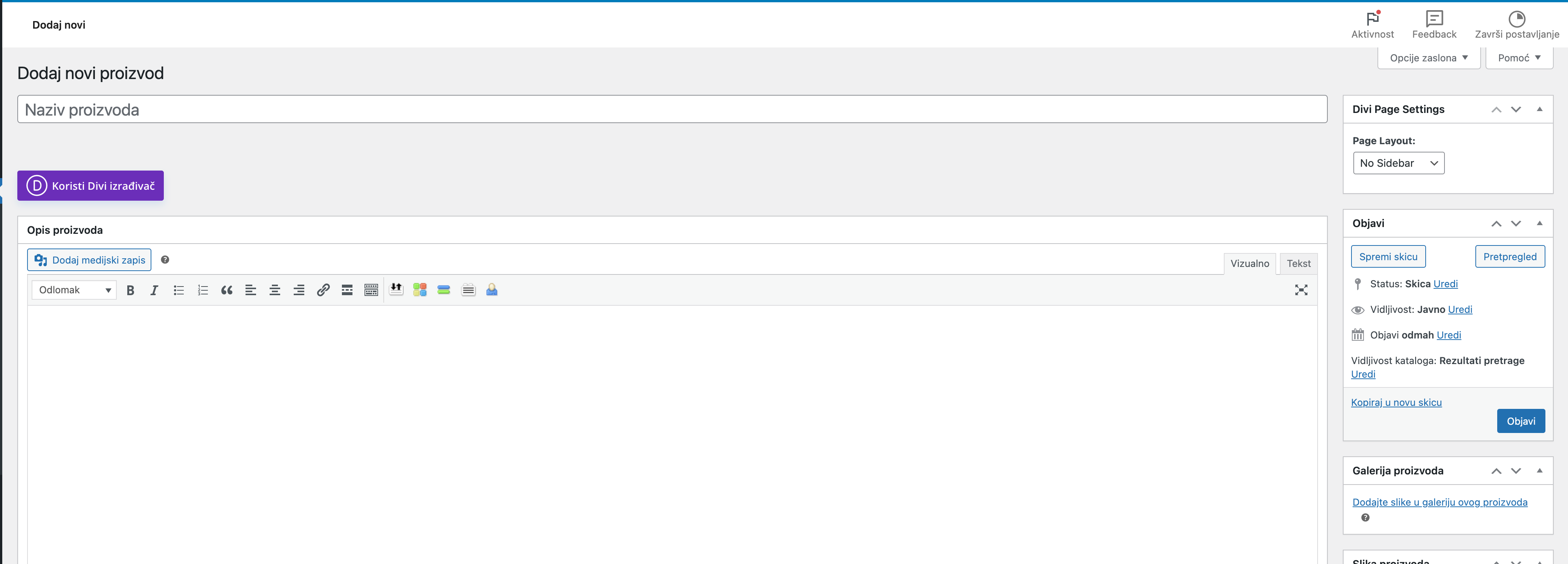 Novi ekran za dodavanje novog proizvoda - Arges ERP Wordpress plugin