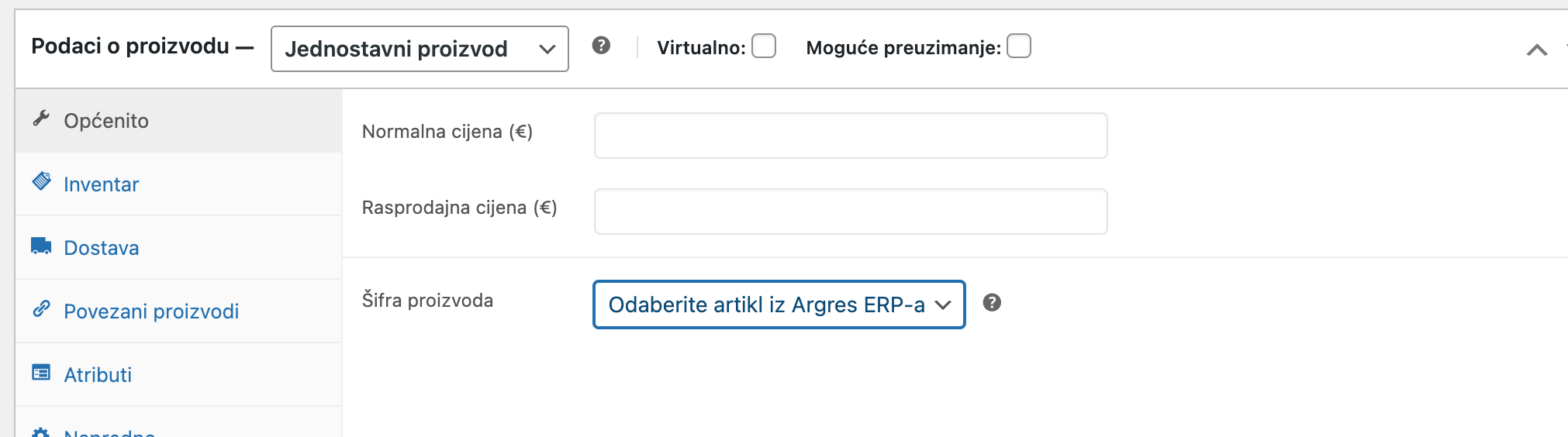 Jednostavni proizvod - Arges ERP Wordpress plugin