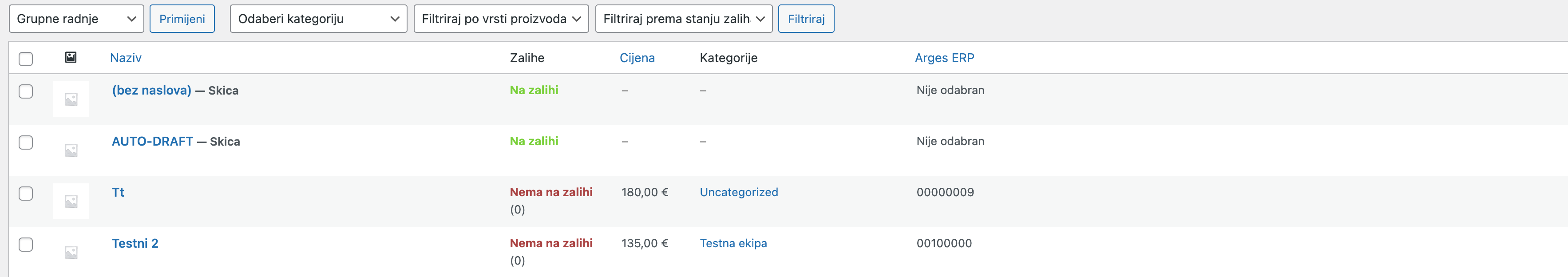 Lista kreiranih proizvoda - Arges ERP Wordpress plugin