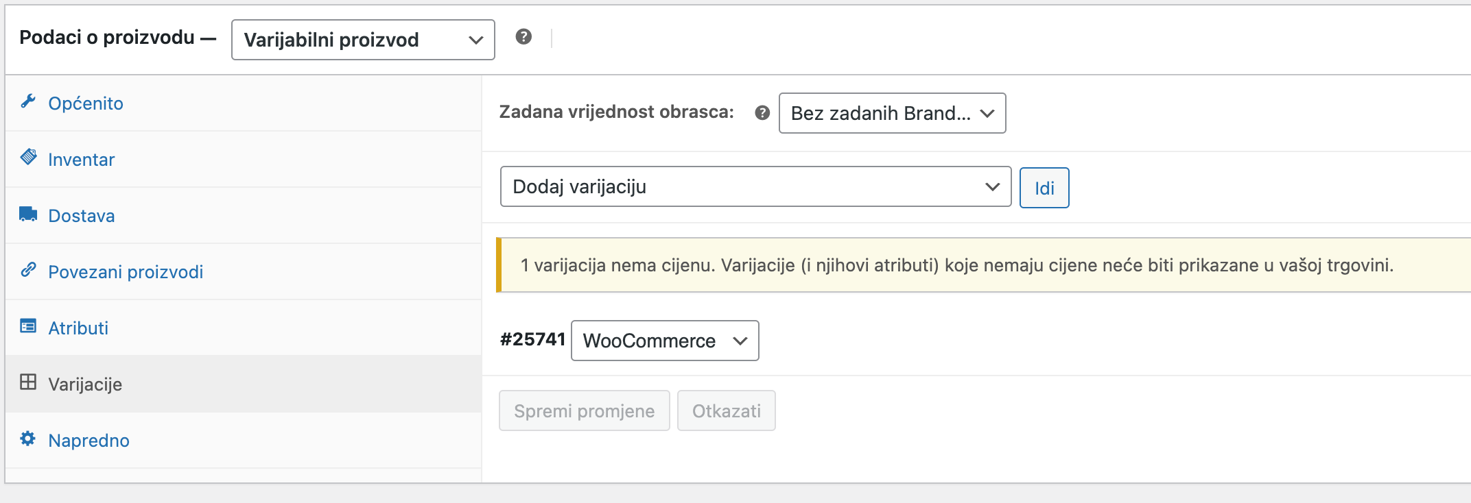 Lista kreiranih varijacija - Arges ERP Wordpress plugin