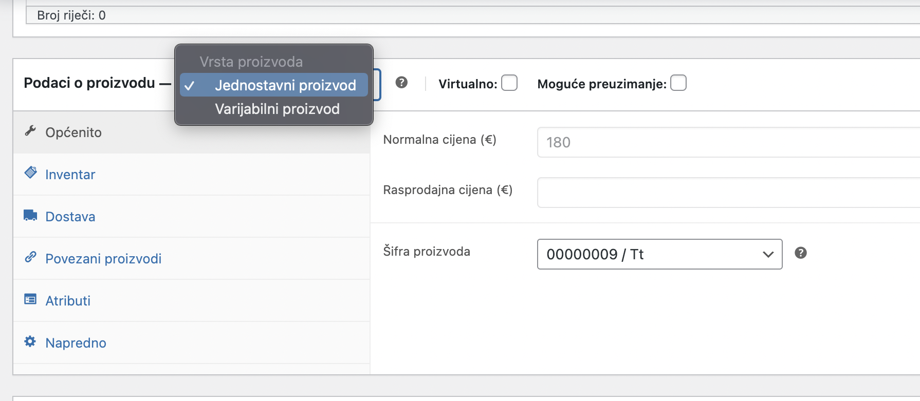 Odabir opcije jednostavni proizvod ili varijabilni proizvod - Arges ERP Wordpress plugin
