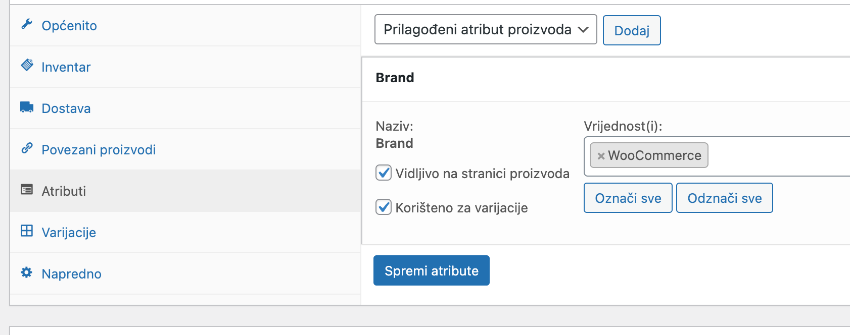 Označavanje opcije korišteno za varijacije - Arges ERP Wordpress plugin