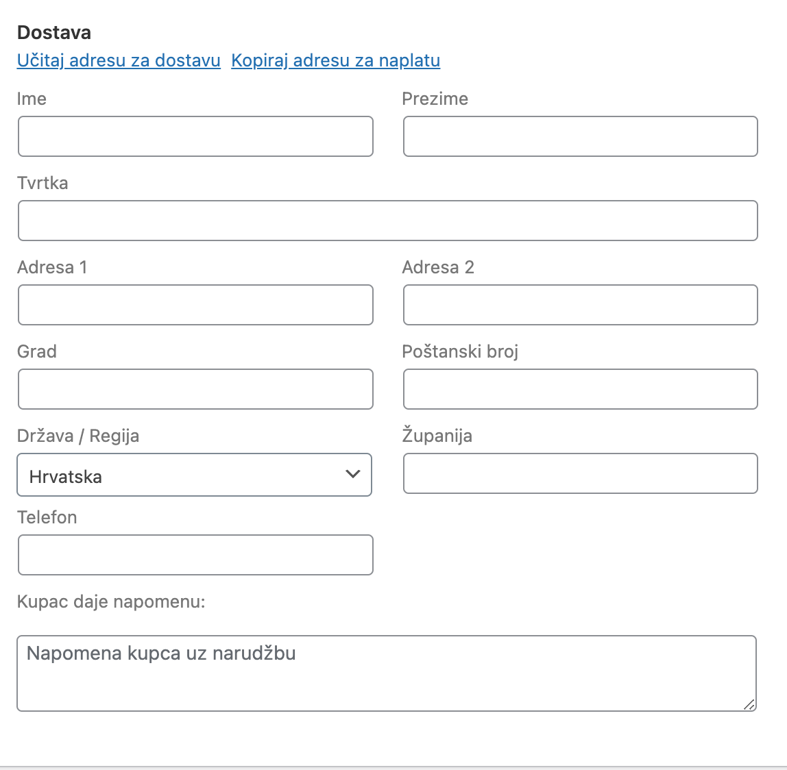 Podaci za dostavu - Arges ERP Wordpress plugin