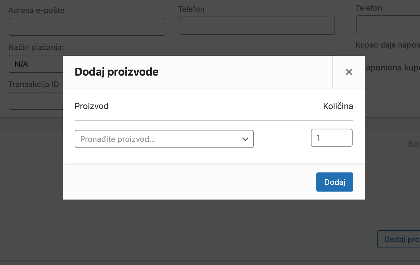 Prozor za odabir proizvoda i unos količine - Arges ERP Wordpress plugin